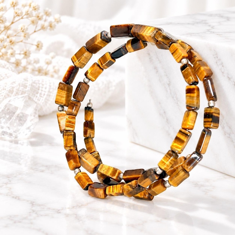Vintage Tigers Eye Gemstone Rectangle Bead Wrap Bracelet Boho Earthy Aesthetic